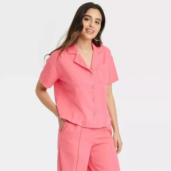 A New Day Women's Linen Short Sleeve Button Down Camp Shirt Pink Size - Picture 1 of 6